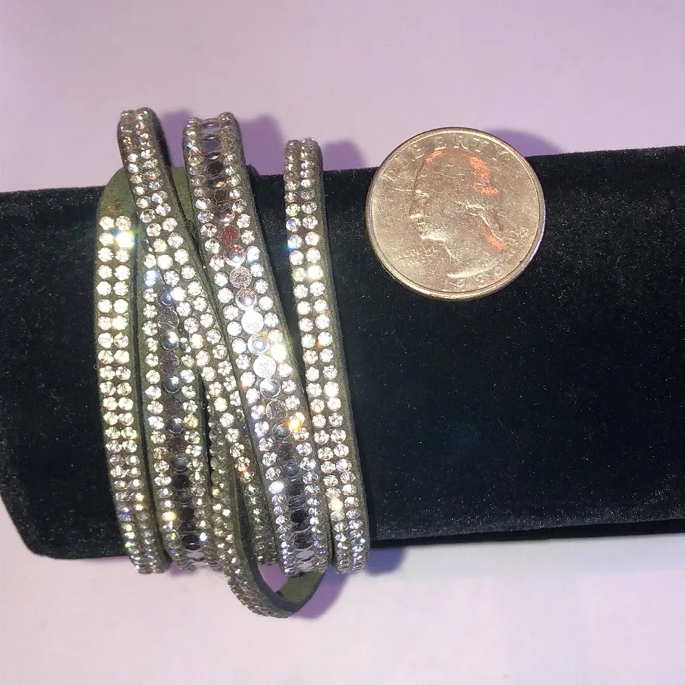 Green Crystal Rhinestone Boho Wrap Bracelet - Silver Sparkle